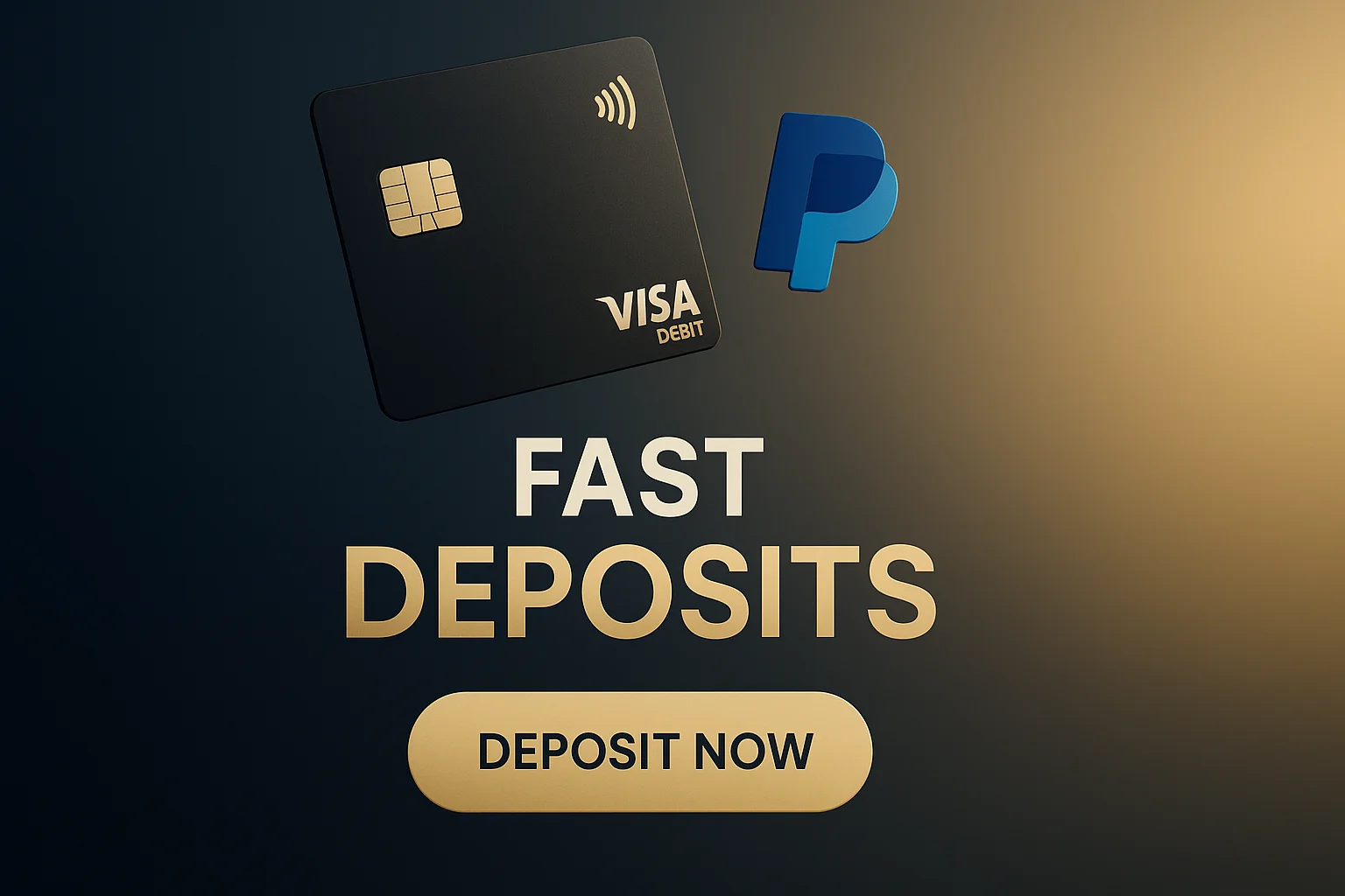 Photorealistic fintech banner with floating debit card, gold CTA button