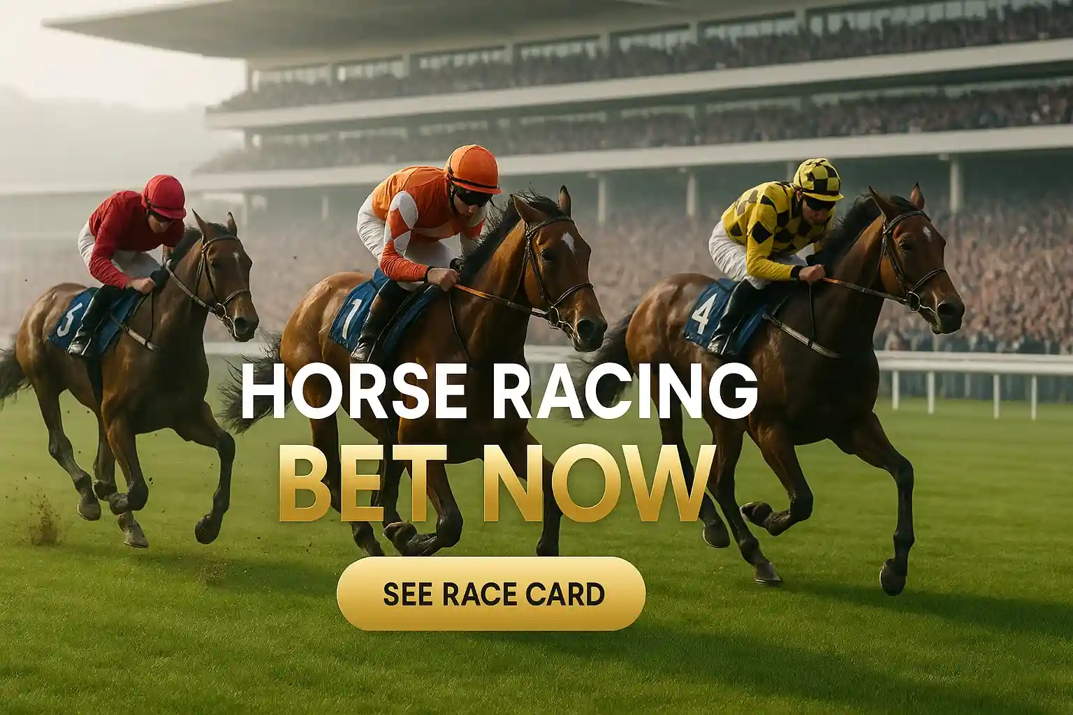 Three thoroughbreds galloping at Cheltenham with jockeys and grandstand crowd