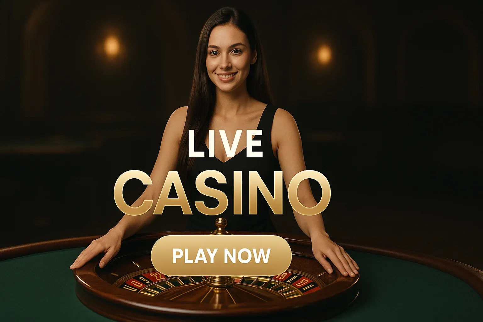 Photorealistic live casino banner with croupier, roulette wheel and play now button