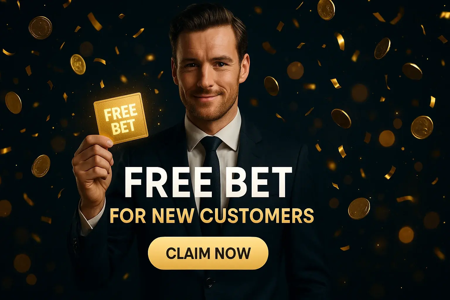 Photorealistic free bet banner with British man, gold coins and CTA button