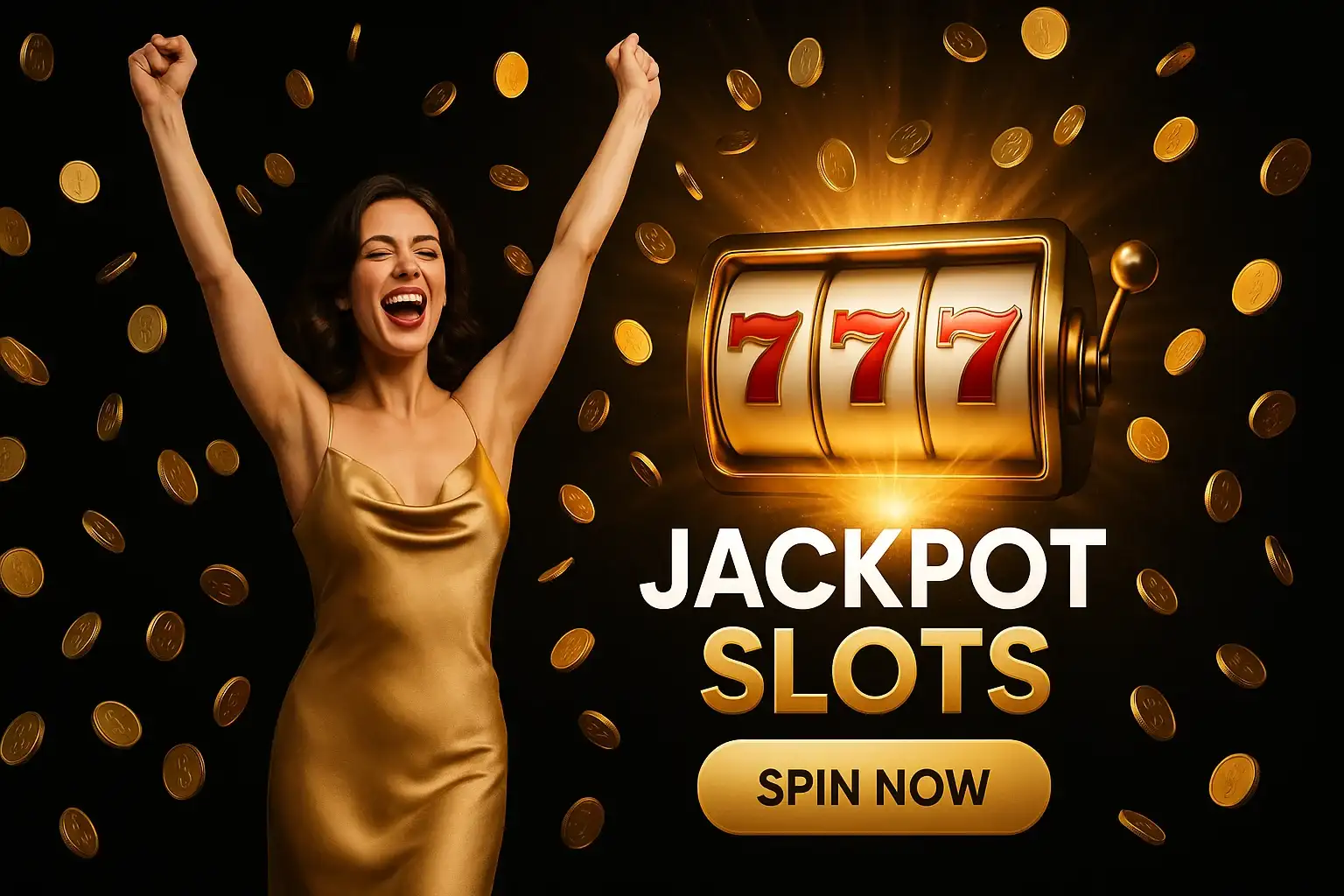 Glamorous British woman celebrating jackpot beside glowing 777 slot machine